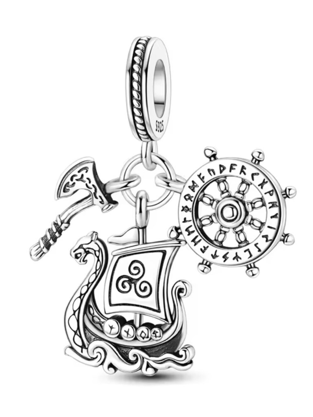 Viking Longship, Axe & Runic Shield Triple Dangle Charm